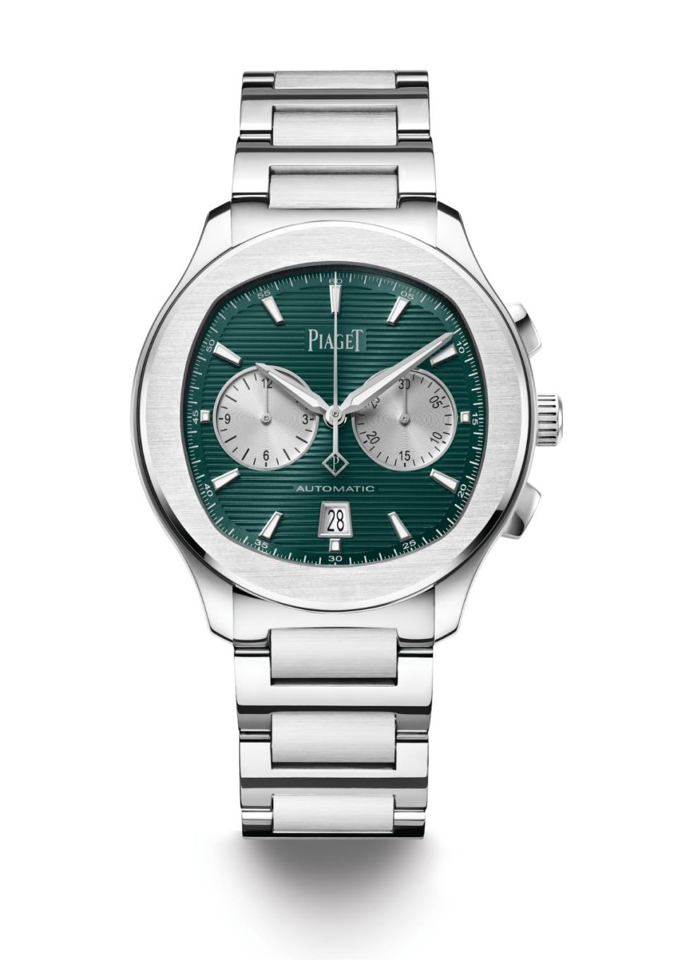 PIAGET Polo系列礦石綠自動上鍊計時碼錶，67萬元。伯爵提供