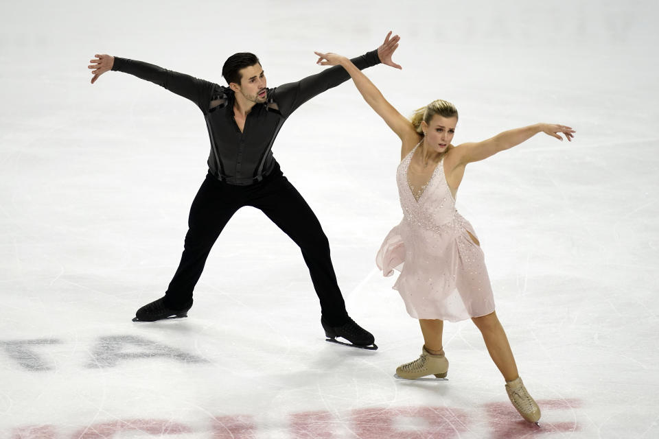 Madison Hubbell and Zachary Donohue perform during the free dance at the U.S. Figure Skating Championships, Saturday, Jan. 16, 2021, in Las Vegas. (AP Photo/John Locher)