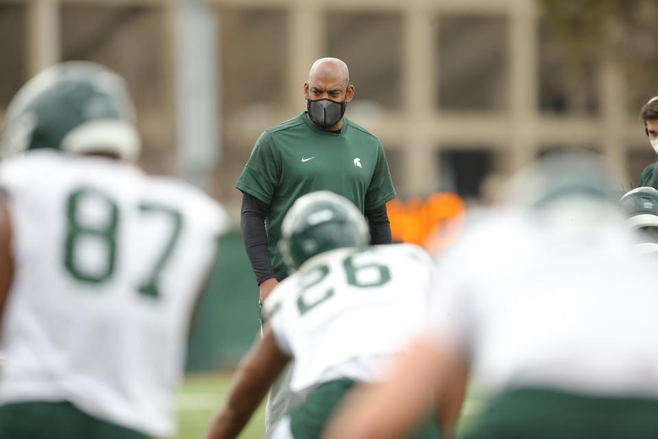 Mel Tucker oversees Michigan State football's first spring practice on March 23, 2021 in East Lansing.