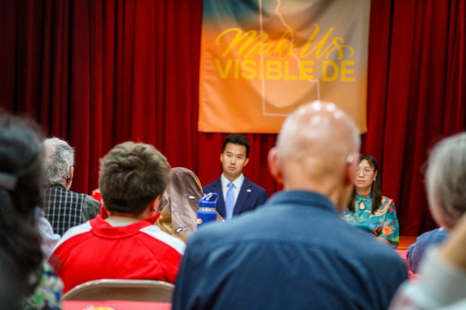 Devin Jiang speaks at a Make Us Visible Delaware event — launching under the mission to push for more Asian American history to infuse with K-12 curricula in Delaware — in the Chinese American Community Center, of Hockessin, on Sept. 30, 2023.