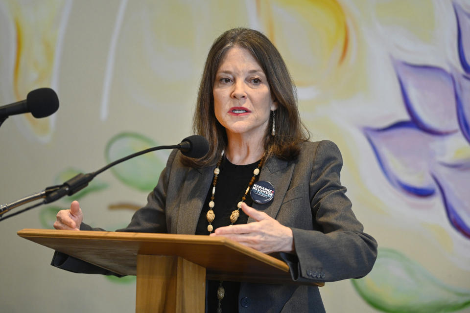 Democratic presidential candidate Marianne Williamson addresses the crowd at The Interfaith Center for Spiritual Growth, Sunday, Sept. 10, 2023, in Ann Arbor, Mich. Williamson has kept barnstorming for months across America in a demanding schedule of appearances and speeches in her second run for the presidency. (AP Photo/Jose Juarez)