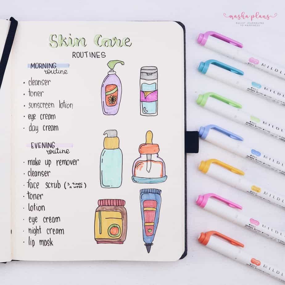 <p>It seems like we have more skincare options these days than ever, but the more products you add to your routine, the harder it is to keep straight. Masha Plans created <a href="https://mashaplans.com/self-care-bullet-journal-page-ideas/" rel="nofollow noopener" target="_blank" data-ylk="slk:this gorgeous skincare page;elm:context_link;itc:0;sec:content-canvas" class="link ">this gorgeous skincare page</a> to do just that. Consider using a similar page to illustrate other <a href="https://www.goodhousekeeping.com/health/wellness/g25643343/self-care-ideas/" rel="nofollow noopener" target="_blank" data-ylk="slk:self-care techniques;elm:context_link;itc:0;sec:content-canvas" class="link ">self-care techniques</a> like meditation, exercise, or favorite hobbies, too. </p>