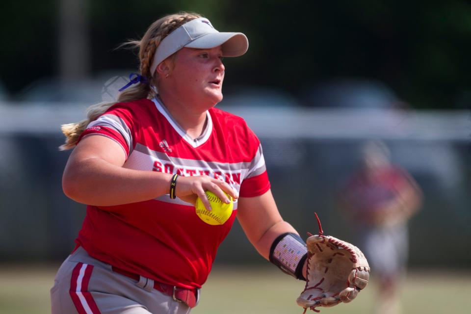 Southern Indiana’s Allie Goodin (7) throws to first as the University of Southern Indiana Screaming Eagles play the Lindenwood University Lions during the NCAA Division II Midwest Region Softball Tournament at USI in Evansville, Ind., Friday, May 13, 2022. 