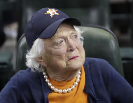 Oct 29, 2017; Houston, TX, USA; Barbara Bush before game five of the 2017 World Series between the Los Angeles Dodgers and the Houston Astros at Minute Maid Park. Mandatory Credit: David J. Phillip/Pool Photo via USA TODAY Sports - 10380568