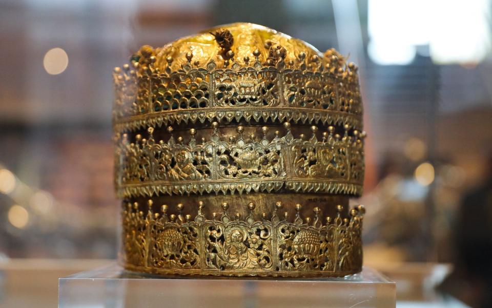 A crown made in Ethiopia c1740, seized in the 1868 Maqdala siege, on display at the V&A in 2018 - Getty Images/AFP