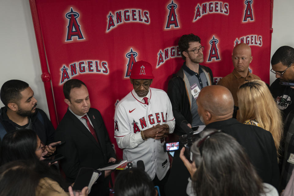 Ron Washington, the new manager of the Los Angeles Angels, talks to reporters after a news conference Wednesday, Nov. 15, 2023, in Anaheim, Calif. (AP Photo/Jae C. Hong)