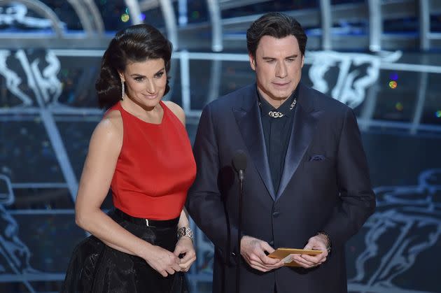 Menzel and Travolta at the 2015 Academy Awards. The two were invited to present together following Travolta's gaffe a year prior.