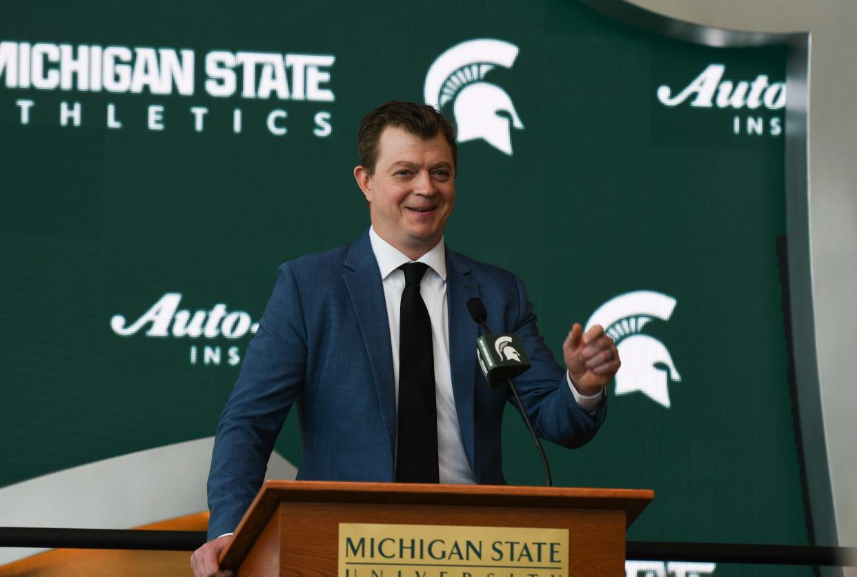 New MSU Hockey Coach Adam Nightingale speaks Monday, May 9, 2022, during a press conference at the Breslin Center.