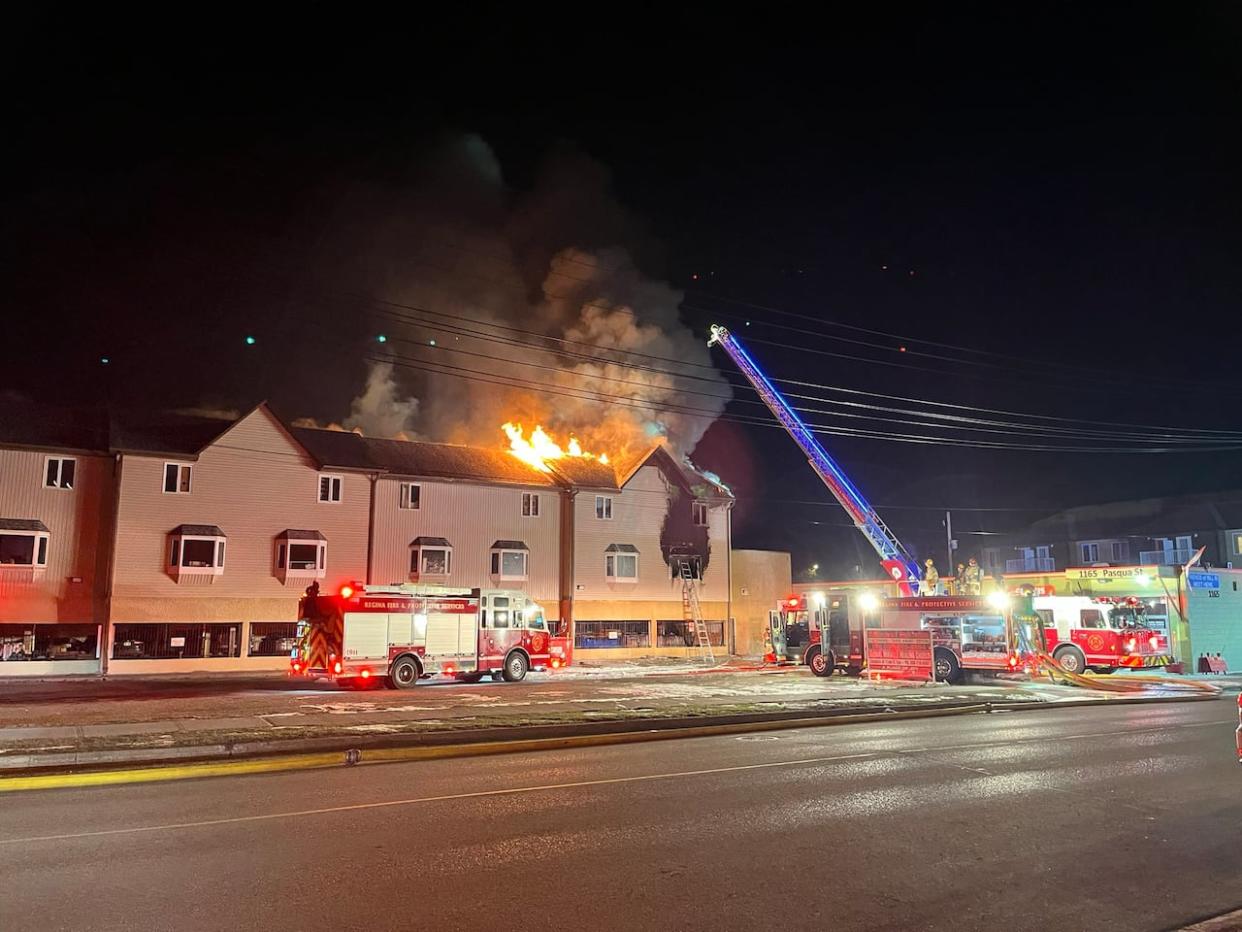 Several intersections were being blocked off around the 1100 block of Wascana early Saturday morning. (Regina Fire Department - image credit)