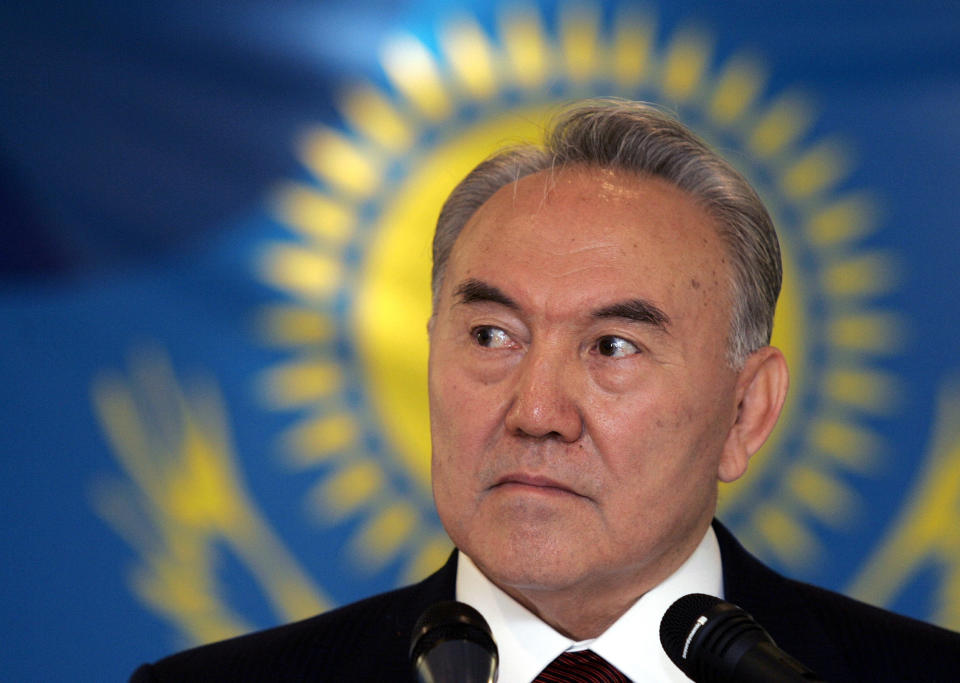 FILE - Kazakhstan President Nursultan Nazarbayev looks on while speaking to the media in Nur-Sultan, on Dec. 5, 2005. Kazakhstan became independent when the Soviet Union collapsed in 1991. In the first post-independence years, the country saw rapid economic growth and rising prosperity. For almost three decades, it was dominated by Nursultan Nazarbayev, its last Communist Party leader at the time of independence. (AP Photo/Sergei Grits, File)