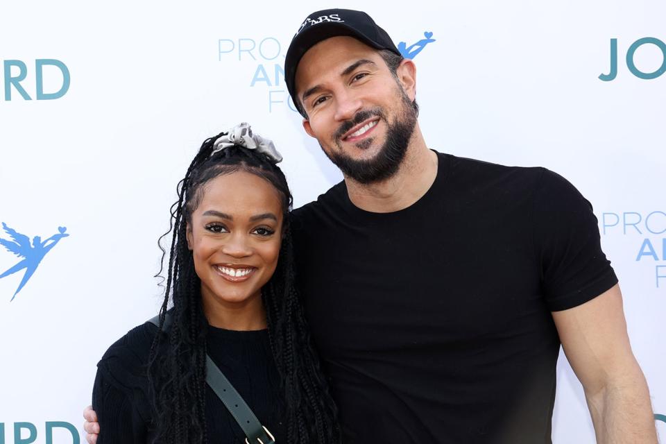 <p>Tommaso Boddi/Getty Images</p> Rachel Lindsay and Bryan Abasolo attend Thanksgiving at Project Angel Food