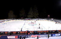 <p>The Vegas Golden Knights and the Colorado Avalanche face off to start the second period of the 2021 Bridgestone NHL Outdoors Saturday on the 18th fairway of the Edgewood Tahoe Resort, at the south shore of Lake Tahoe on February 20, 2021 in Stateline, Nevada. (Photo by Brian Babineau/NHLI via Getty Images)</p> 