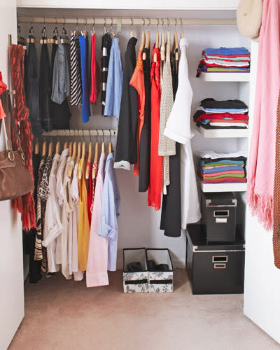 Make better use of your wardrobe space. It’s as easy as adding a shorter second clothes rail lower down in your wardrobe. This way, you have enough space for long dresses and coats, as well as for shorter items like skirts and shirts. Store everyday items neatly on the floor so you’re not labouring to get to them. Choose a combination of open containers and lidded boxes, or whatever works for you. Store your jumpers and T-shirts on open shelves where you can see them clearly.