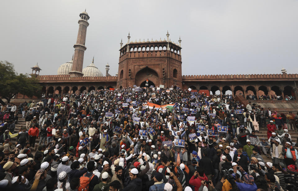 Indian Muslims along with activists of Bhim Army shout slogans against a new Citizenship law, after Friday prayers in New Delhi, India, Friday, Jan. 17, 2020. Protests against India's citizenship law that excludes Muslim immigrants continue in Indian cities in an unabating strong show of dissent against the Hindu nationalist government of Prime Minister Narendra Modi. The protest at a 17th century mosque, Jama Masjid, was led by Chandrashekhar Azad, leader of the Bhim Army, a political party of Dalits who represent Hinduism's lowest caste. (AP Photo/Manish Swarup)