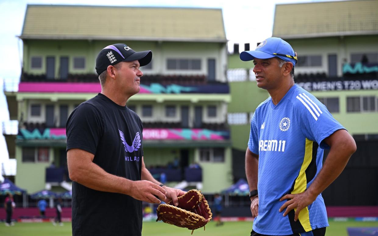 Matthew Mott and Rahul Dravid speak before the game