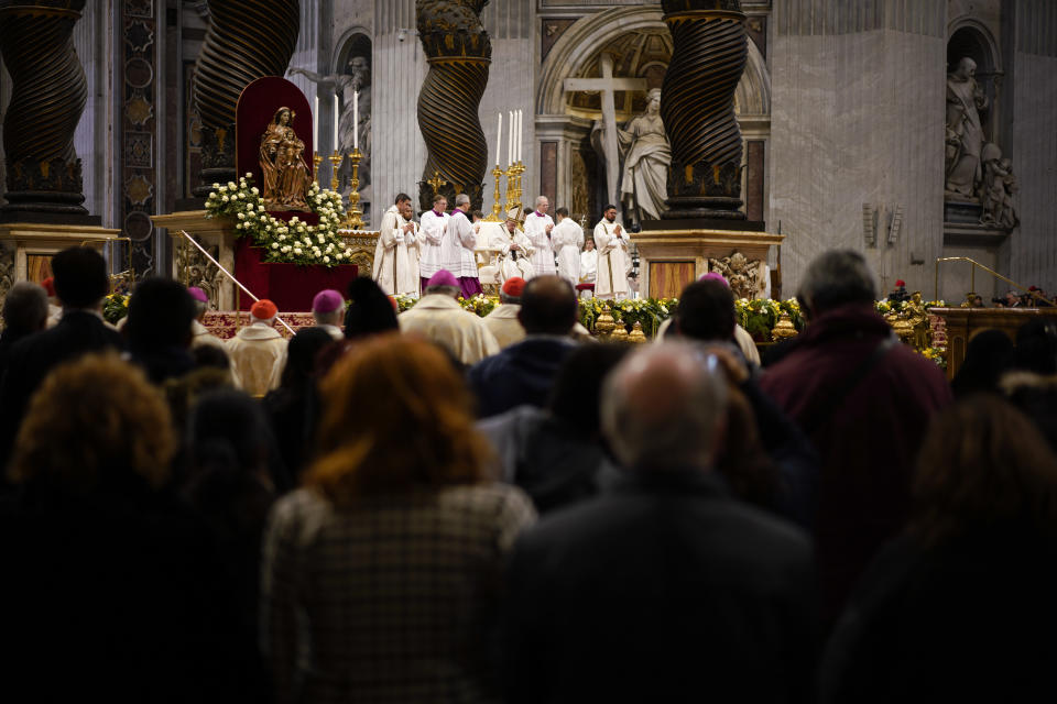 Pope Francis celebrates a mass in St. Peter basilica at the Vatican, Sunday, Nov. 18, 2018. Pope Francis is offering several hundred poor people, homeless, migrants, unemployed a lunch on Sunday as he celebrates the World Day of the Poor with a concrete gesture of charity in the spirit of his namesake, St. Francis of Assisi.(AP Photo/Andrew Medichini)