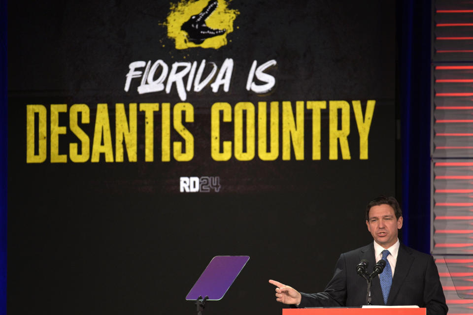 Republican presidential candidate Florida Gov. Ron DeSantis addresses attendees at the Republican Party of Florida Freedom Summit, Saturday, Nov. 4, 2023, in Kissimmee, Fla. (AP Photo/Phelan M. Ebenhack)