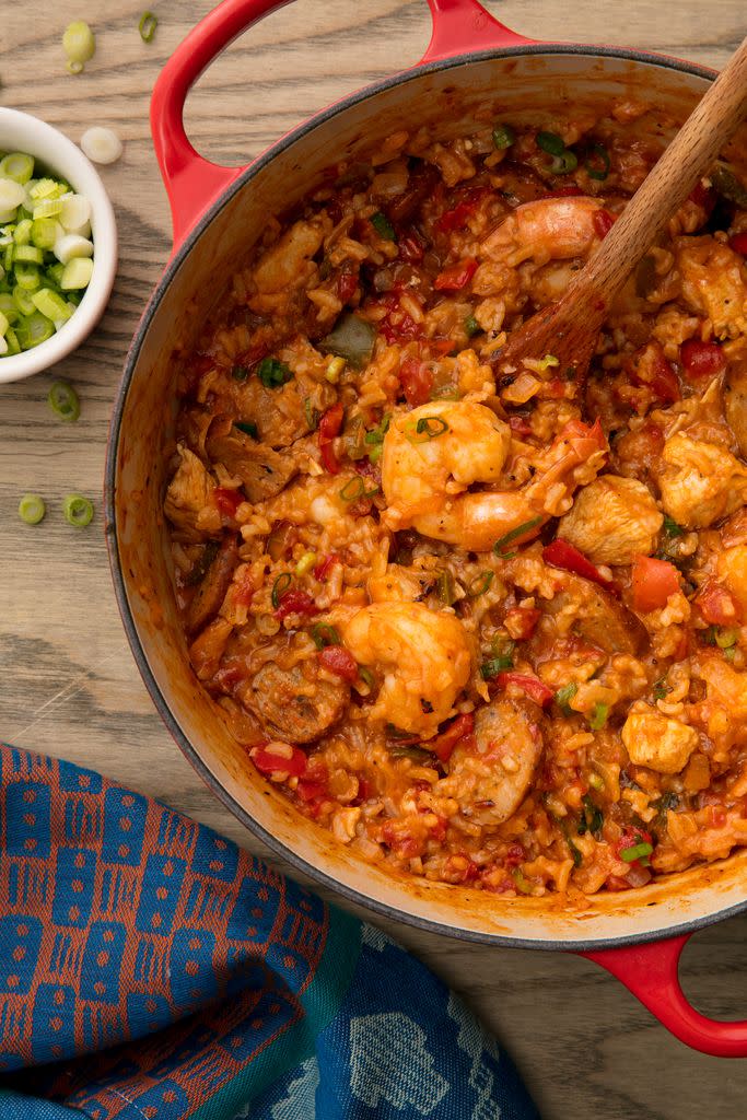 <p>Jambalaya is a wildly popular dish that originated in New Orleans and was inspired by flavors from around the world—Spanish, West African, and French to name a few. It's spicy, hearty, and incredibly flavorful. You can add all different types ingredients to a jambalaya like crawfish, chicken, okra or carrots but what absolutely most be present is perfectly cooked long grain rice and sausage, traditionally andouille.</p><p>Get the <strong><a href="https://www.delish.com/cooking/recipe-ideas/a53820/easy-homemade-cajun-jambalaya-recipe/" rel="nofollow noopener" target="_blank" data-ylk="slk:Cajun Jambalaya recipe" class="link ">Cajun Jambalaya recipe</a></strong>.</p>