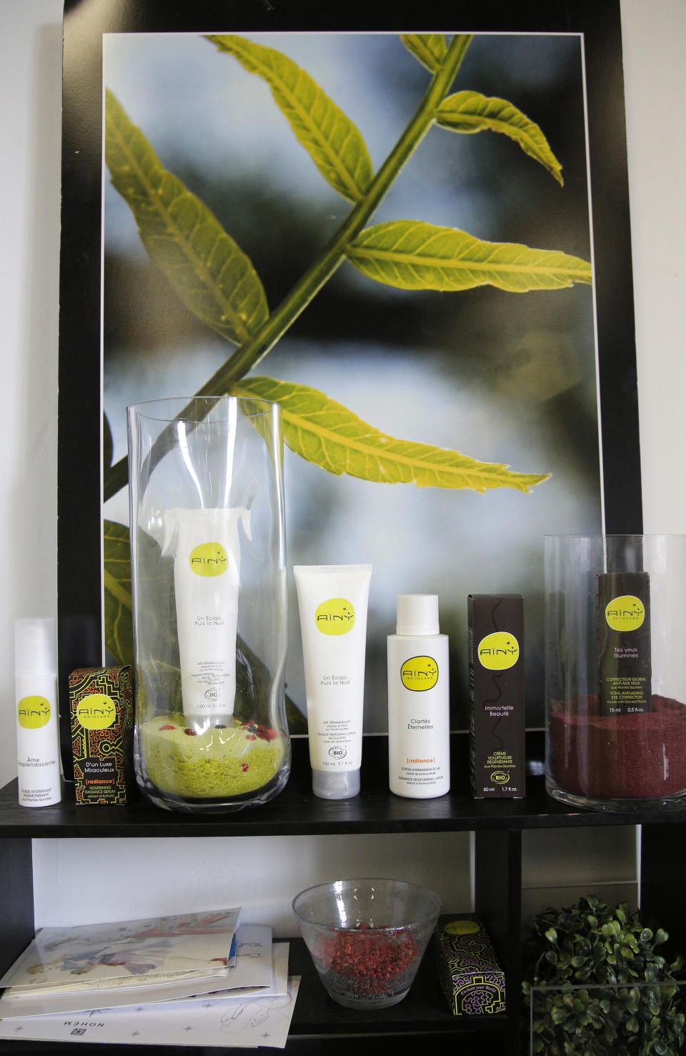 Organic cosmetic produts are displayed in the office of Daniel Joutard, director and founder of Ainy in Paris, Thursday, Sept, 13, 2012. Joutard wants to hire more employees for his growing, innovative skin-care products company, but can't take the risk in large part because of France's inflexible workplace protections. The 37-year-old is among thousands of small- and medium-size business owners who will be crucial to help France _ like other countries in Europe _ reduce a double-digit jobless rate, and ultimately shrink its hefty state budget deficit by bringing in more tax revenues. (AP Photo/Francois Mori)