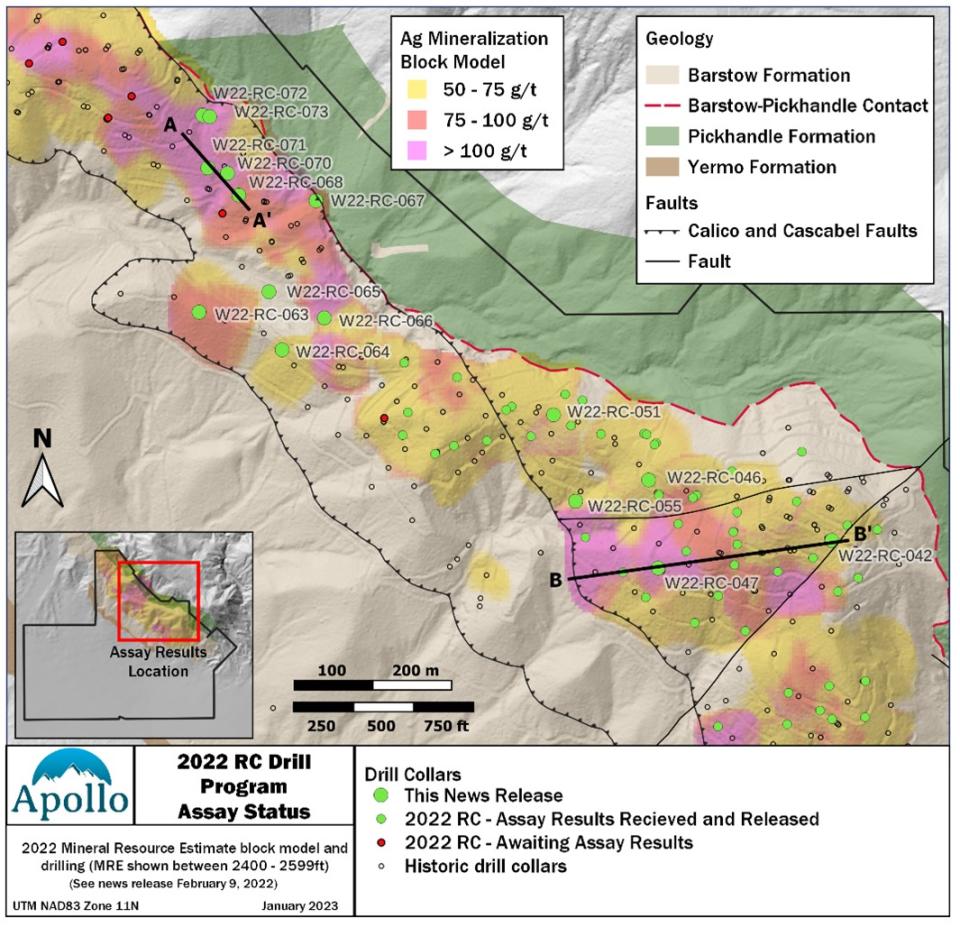 Locations of drill hole collars for results reported January 18, 2023, for Phase 2 of the Calico Project 2022 Drill Program.