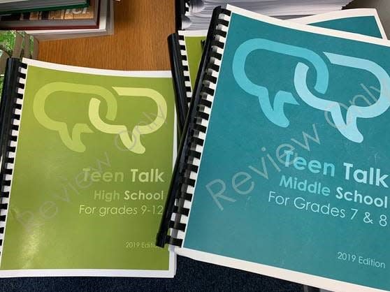 Conejo Valley Unified School District stacked copies of Teen Talk materials for parents to review in district offices before it was approved in June 2021.