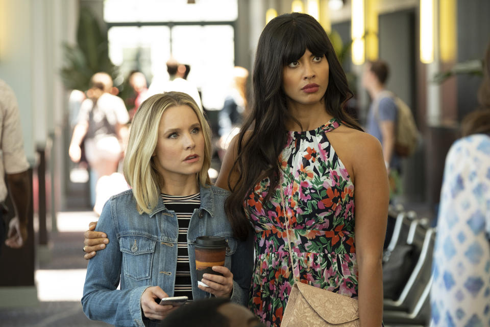 Kristen Bell as Eleanor, Jameela Jamil as Tahani in an episode of &ldquo;The Good Place.&rsquo; (Photo: NBC via Getty Images)