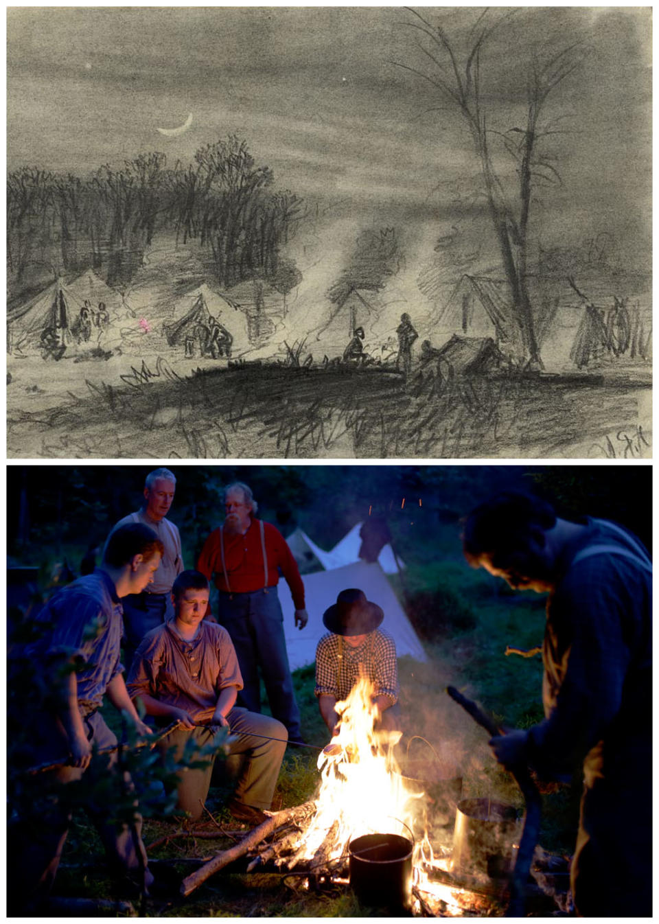 This combination image shows, top, a sketch made available by the Library of Congress of soldiers in camp at night between 1860 and 1865, and bottom, re-enactors portraying Union soldiers in the Murray's Brigade cooking their rations during ongoing activities commemorating the 150th anniversary of the Battle of Gettysburg, Thursday, June 27, 2013, at Bushey Farm in Gettysburg, Pa. The sketch is by combat artist Lt. Alfred R. Waud. (AP Photo)