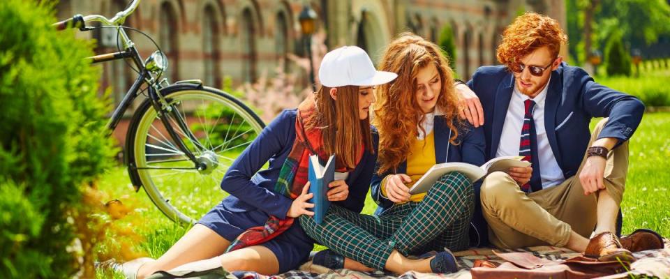 Harvard students on lawn in the sun