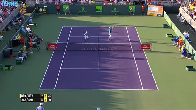 The Bryans are barely in the shot. Image: Tennis TV