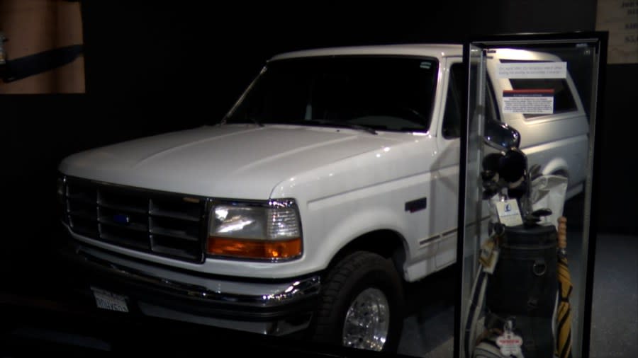 The infamous Ford Bronco used during the police chase of O.J. Simpson, available for viewing at Alcatraz East Crime Museum. (WATE)