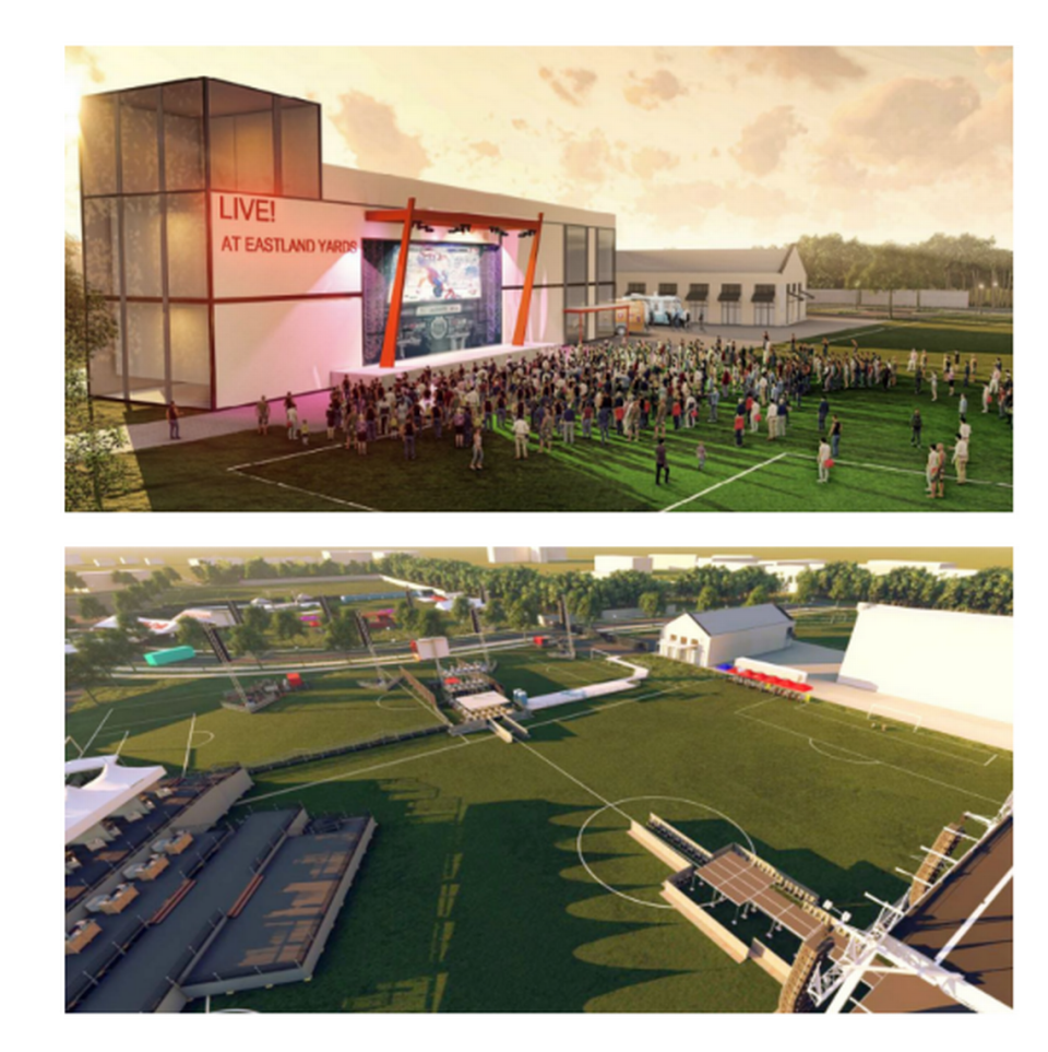 A rendering by development group QC East shows what a concert venue in Eastland Yards could look like.
