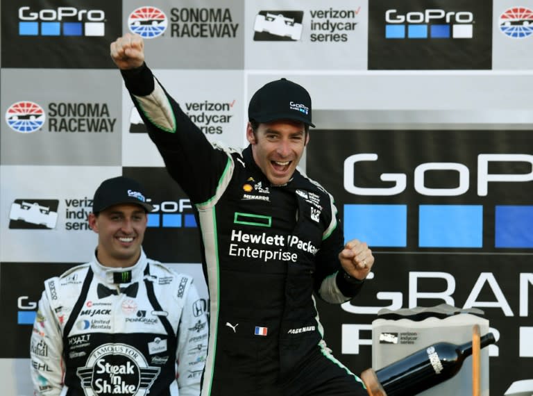 Team Penske driver Simon Pagenaud of France celebrates after winning the Indycar Championship title and the race, after the GoPro Grand Prix of Sonoma, in northern California, on September 18, 2016
