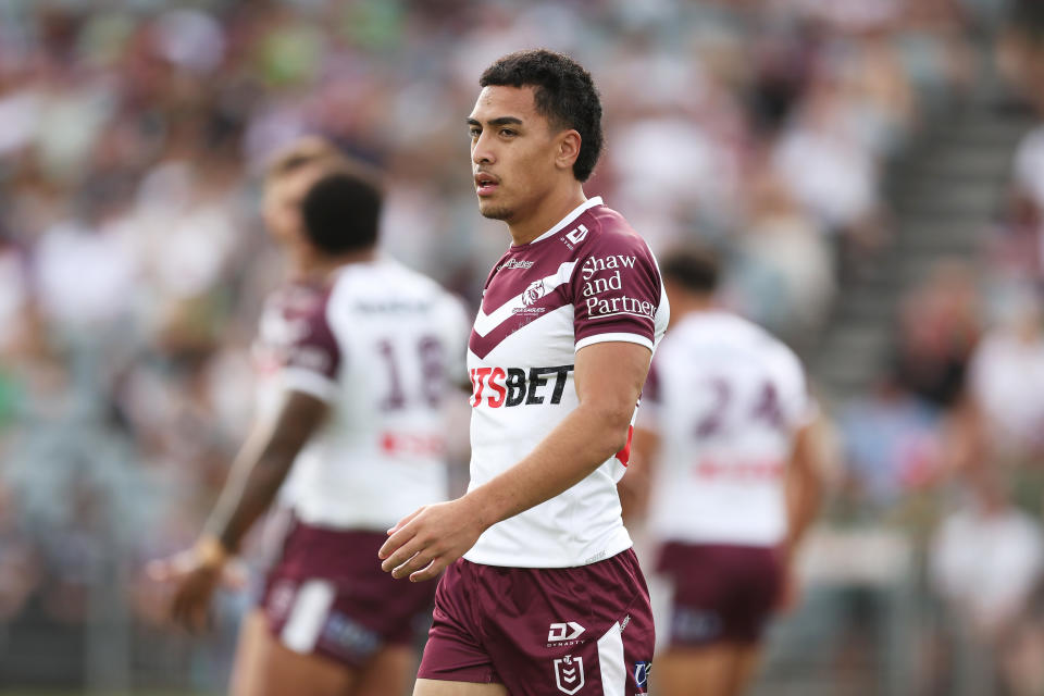 GOSFORD, AUSTRALIA - FEBRUARY 11:  Lehi Hopoate of the Sea Eagles looks on during the NRL pre-season trial match between Manly Sea Eagles and South Sydney Rabbitohs at Industree Group Stadium on February 11, 2024 in Gosford, Australia. (Photo by Matt King/Getty Images)