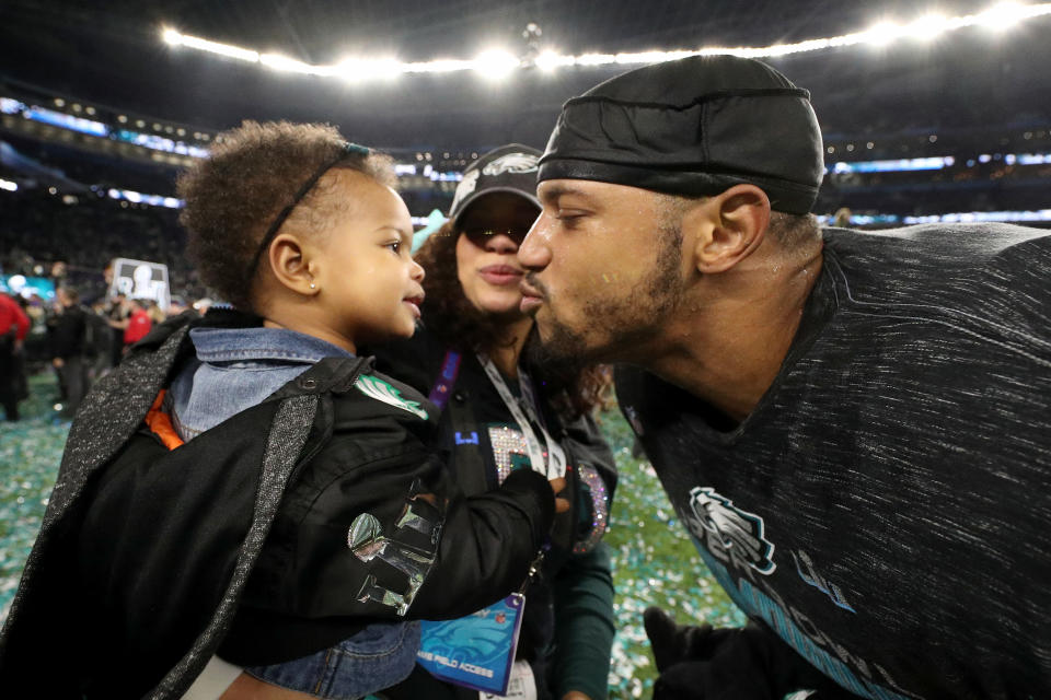 <p>Najee Goode #52 of the Philadelphia Eagles celebrates with his family after defeating the New England Patriots 41-33 in Super Bowl LII at U.S. Bank Stadium on February 4, 2018 in Minneapolis, Minnesota. (Photo by Patrick Smith/Getty Images) </p>