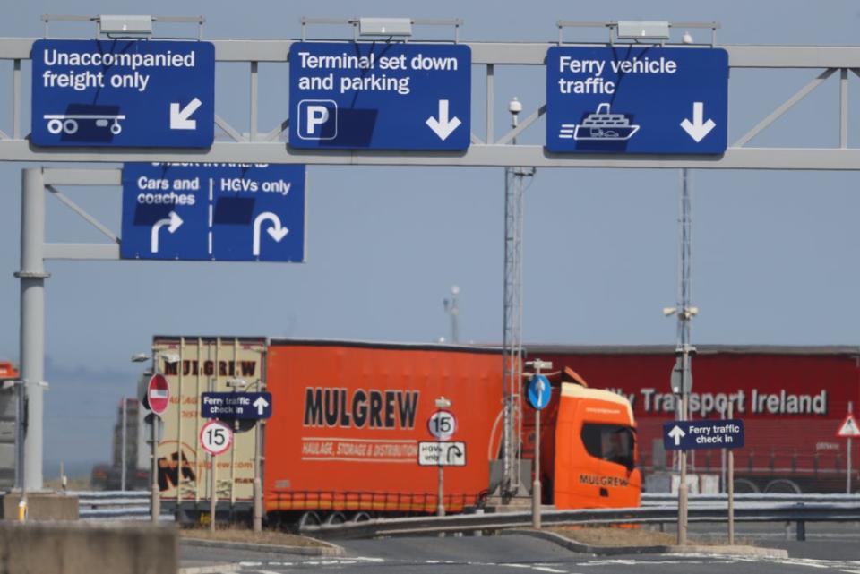 A lorry at Belfast Harbour, as controversy over Brexit’s Irish Sea border deepens (Brian Lawless/PA) (PA )