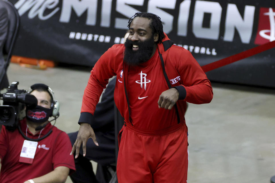 Houston Rockets' James Harden reacts during the fourth quarter of an NBA basketball game against the San Antonio Spurs in Houston, Thursday, Dec. 17, 2020. (Carmen Mandato/Pool Photo via AP)