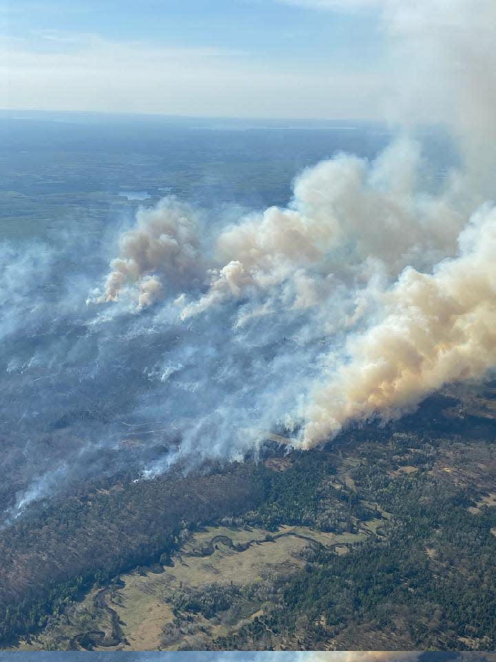The Blue Lakes Fire in Montmorency County is seen in this aerial image taken by a spotter plane.