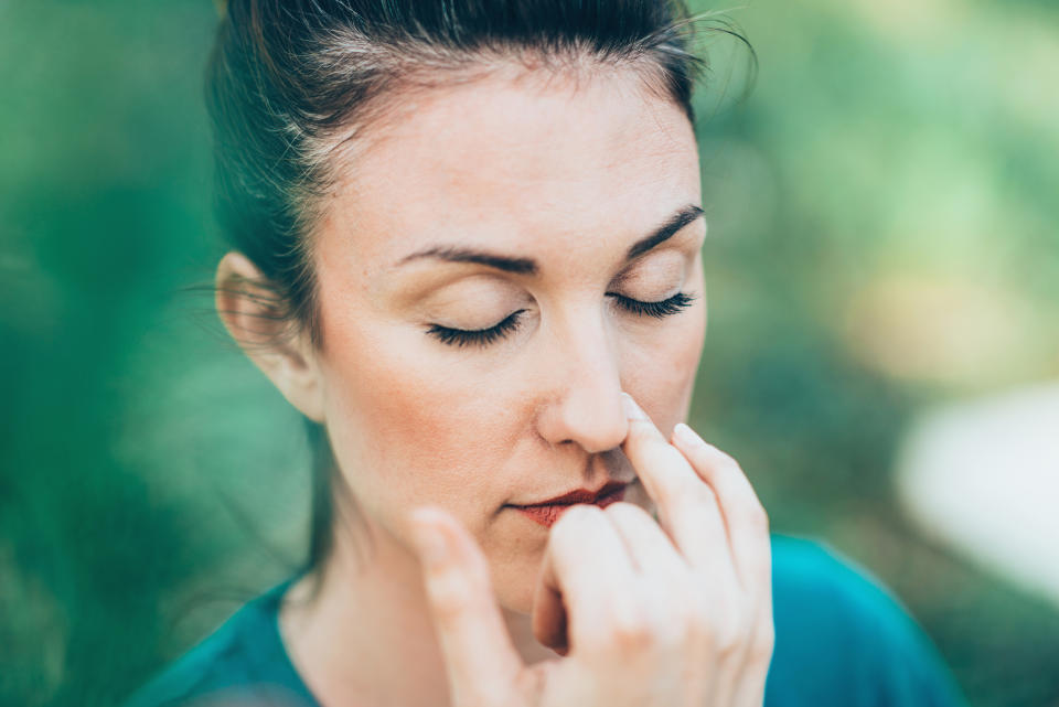 Breathing exercise Pranayama - Alternate nostril breathing, often performed for stress and anxiety relief