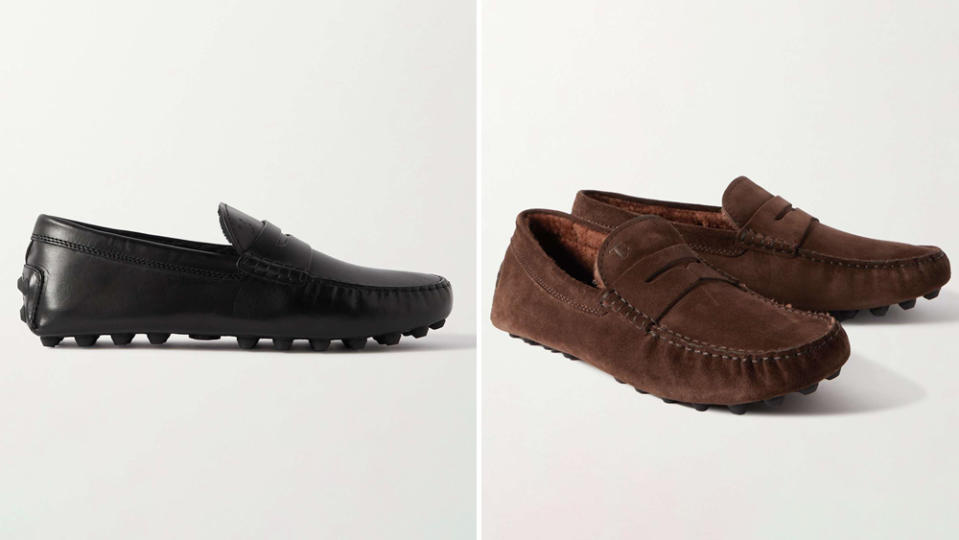 Mr Porter x Tod’s Gommino Shearling-Trimmed Suede Driving Shoes in Black and Dark Brown