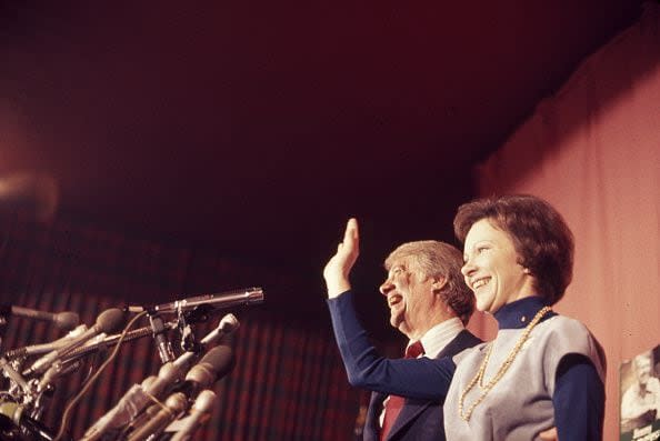 American politician and US Presidential candidate Jimmy Carter and his wife, Rosalynn Carter, celebrate victory in the New Hampshire Democratic Primary election, New Hampshire, February 24, 1976. (Photo by Mikki Ansin/Getty Images)
