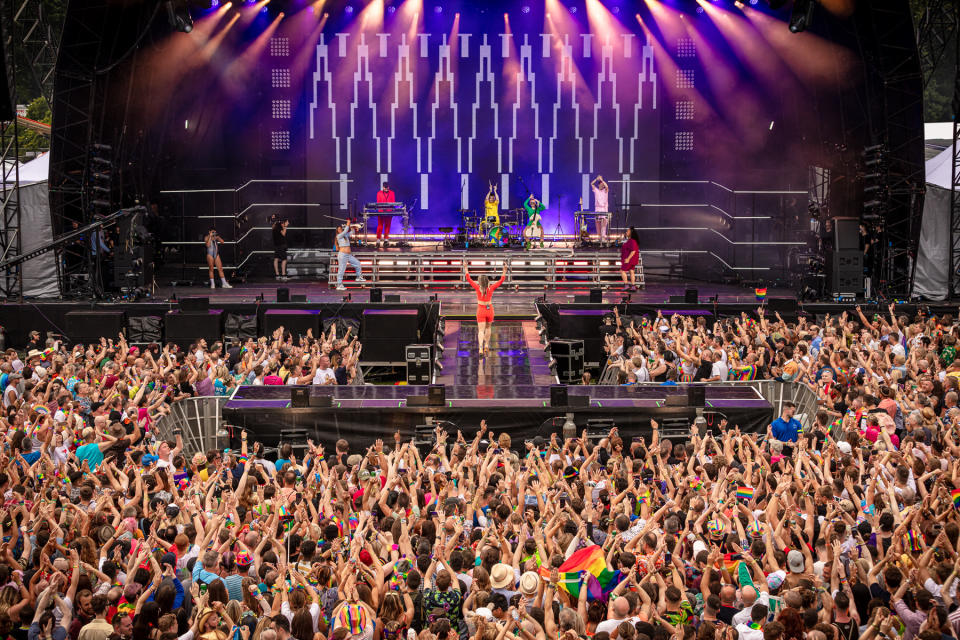 Picture of the stage and crowd at Brighton Pride