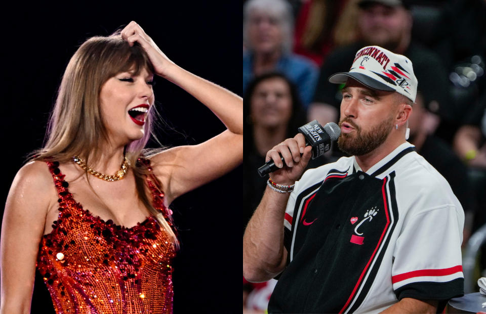 Pop superstar Taylor Swift, left, and NFL tight end Travis Kelce. Swift appeared to add references to Kelce in her new Eras Tour sets.