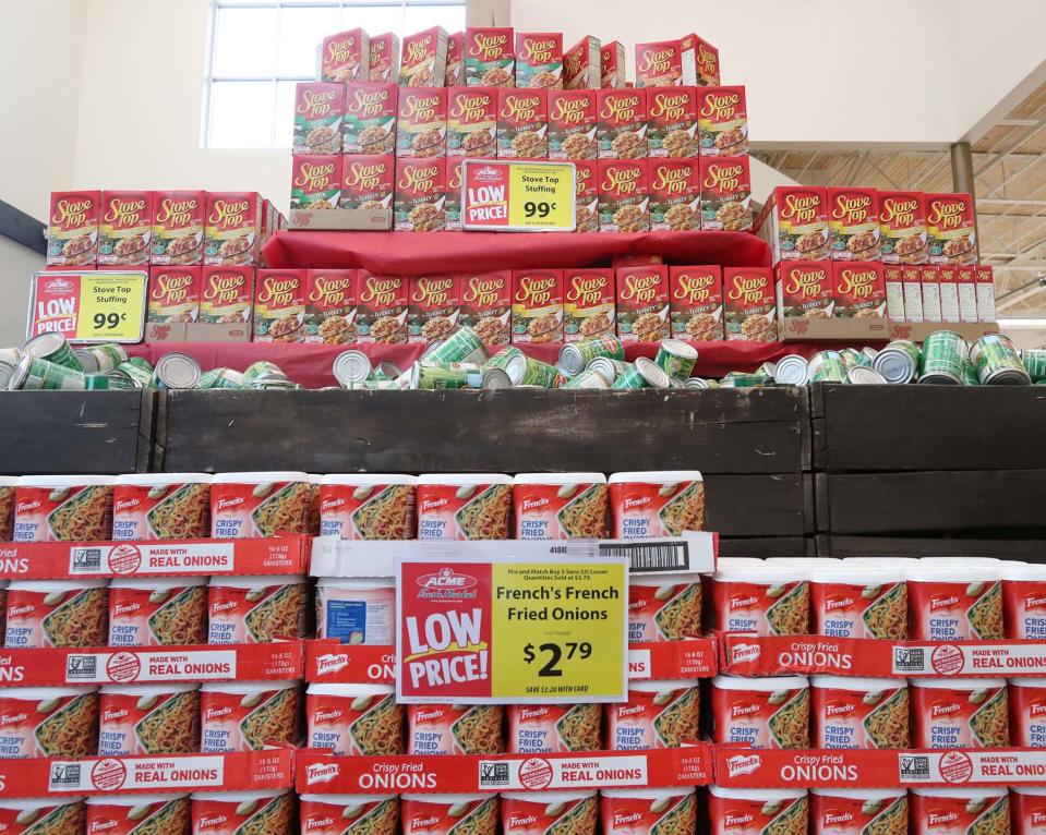 A Thanksgiving display of ingredients for green bean casserole and stuffing at the Acme Fresh Market in Green. 