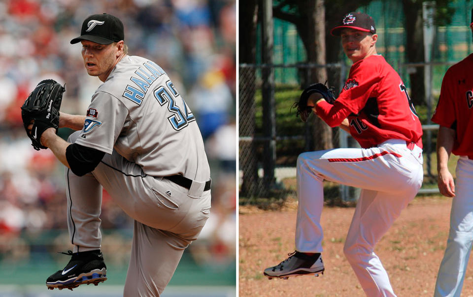 Roy Halladay, left with the Blue Jays, and son Braden, right, getting ready to pitch against the Blue Jays. (AP, @baseballcanada)