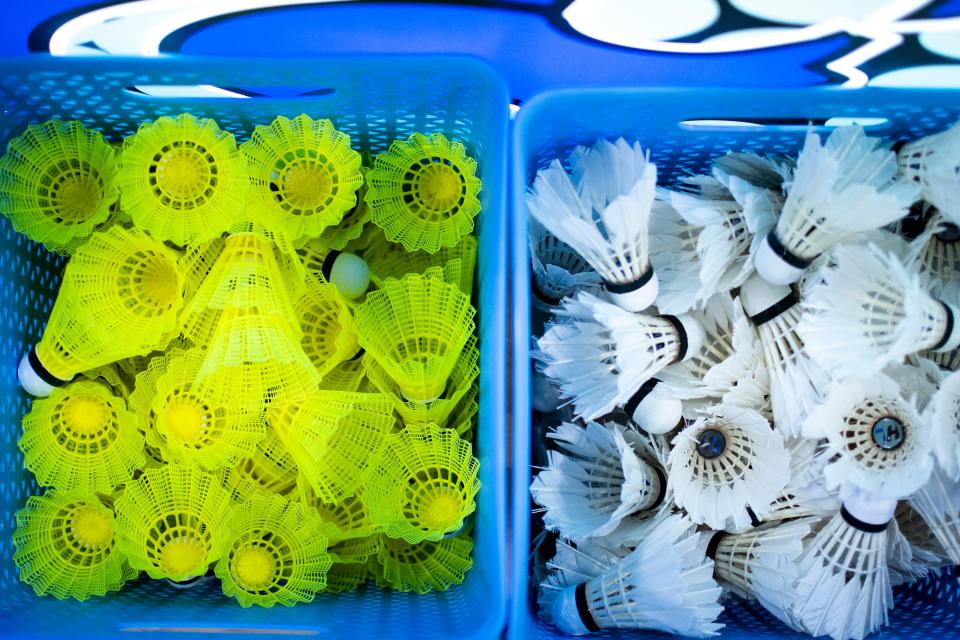 Birdies sit in bins at the AIA badminton division one and two team championships at Mesquite High School on Thursday, Oct. 31, 2019.