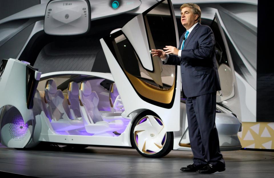 <p>Bob Carter, senior vice president of automotive operations at Toyota unveils the new Toyota Concept-i concept car, designed to learn about its driver is unveiled during the Toyota press conference at CES in Las Vegas, January 4, 2017. This car won’t be seeing any public roads, but is designed to show some of Toyota’s visions for the future, like tailoring the car to the driver’s preferences like changing interior colours to suit what you like, and improved safety, like sensing the driver is getting drowsy, and talking to you to keep you awake. (Reuters) </p>