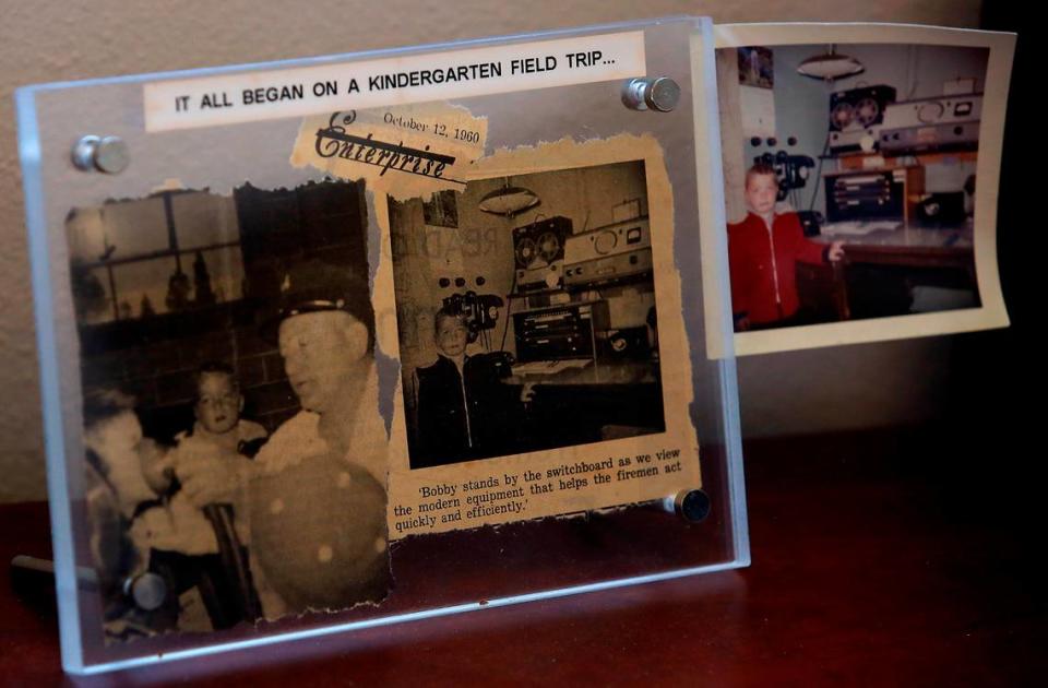 A newspaper clipping from 1960 shows “Bobby” Gear on a kindergarten field trip to a fire station. Pasco Fire Chief Bob Gear is retiring at the end of May.