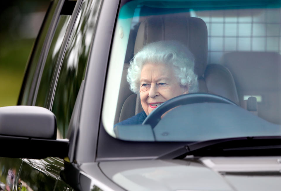 WINDSOR, UNITED KINGDOM - JULY 02: (EMBARGOED FOR PUBLICATION IN UK NEWSPAPERS UNTIL 24 HOURS AFTER CREATE DATE AND TIME) Queen Elizabeth II seen driving her Range Rover car as she attends day 2 of the Royal Windsor Horse Show in Home Park, Windsor Castle on July 2, 2021 in Windsor, England. (Photo by Max Mumby/Indigo/Getty Images)