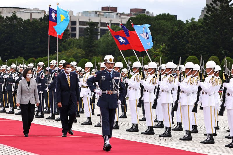 Taiwan President Tsai Ing-wen welcomes Palau President Surangel Whipps at a ceremony in Taipei