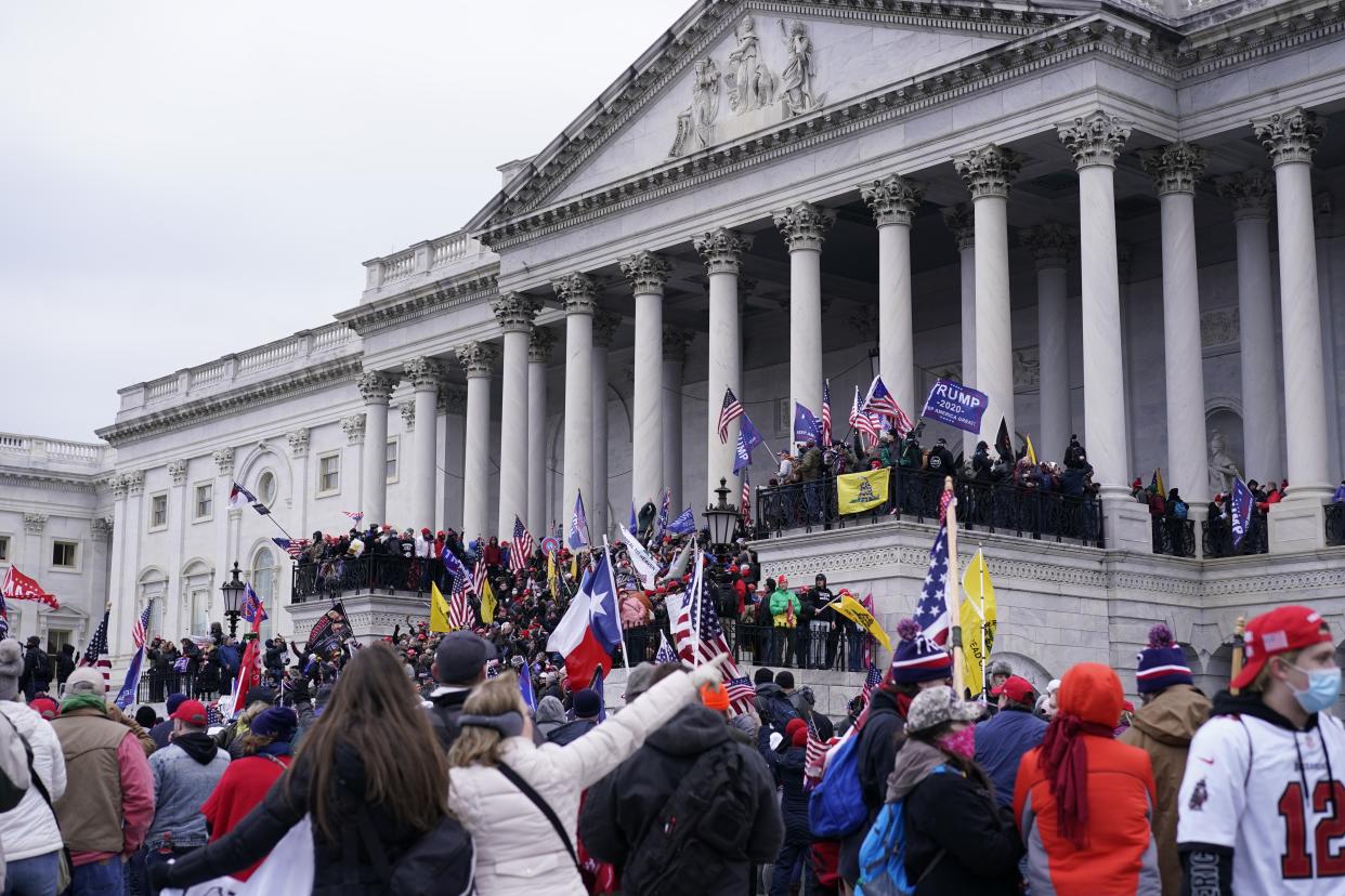 WASHINGTON, DC - JANUARY 06: Protesters gather on the second day of pro-Trump events fueled by President Donald Trump's continued claims of election fraud in an to overturn the results before Congress finalizes them in a joint session of the 117th Congress on Wednesday, Jan. 6, 2021 in Washington, DC. (Kent Nishimura / Los Angeles Times via Getty Images)